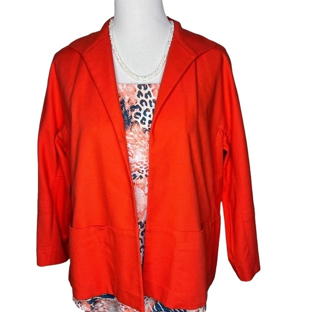 Lafayette 148 Orange 3/4 Sleeve Blazer Jacket Sz 12 Hook Closure Cotton Tailored